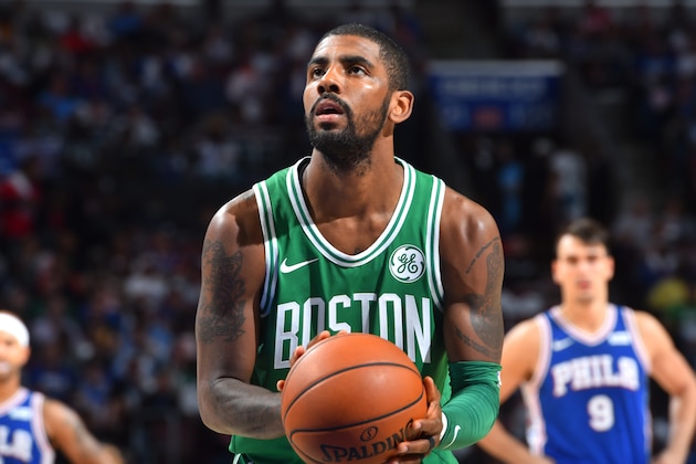 PHILADELPHIA, PA - OCTOBER 20:  Kyrie Irving #11 of the Boston Celtics shoots a free throw against the Philadelphia 76ers during the game on October 20, 2017 at Wells Fargo Center in Philadelphia, Pennsylvania. NOTE TO USER: User expressly acknowledges and agrees that, by downloading and or using this photograph, User is consenting to the terms and conditions of the Getty Images License Agreement. Mandatory Copyright Notice: Copyright 2017 NBAE (Photo by Jesse D. Garrabrant/NBAE via Getty Images)