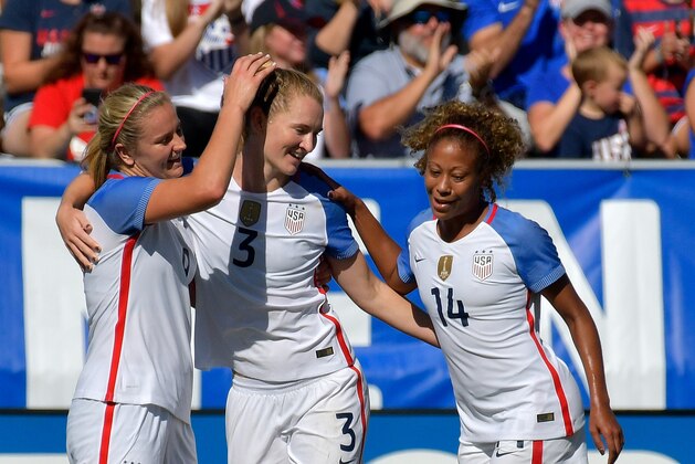 CARY, NC - OCTOBER 22:  Teammates congratulate Samantha Mewis #3 of USA adfter scoring her second goal of the half against Korea Republic during their game at WakeMed Soccer Park on October 22, 2017 in Cary, North Carolina.  (Photo by Grant Halverson/Getty Images)