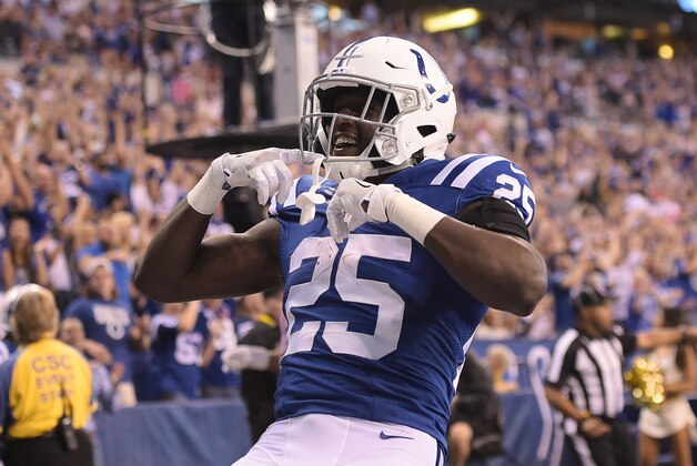 INDIANAPOLIS, IN - OCTOBER 08:  Marlon Mack #25 of the Indianapolis Colts celebrates a touchdown against the San Francisco 49ers during the second half of a game at Lucas Oil Stadium on October 8, 2017 in Indianapolis, Indiana.  (Photo by Stacy Revere/Getty Images)