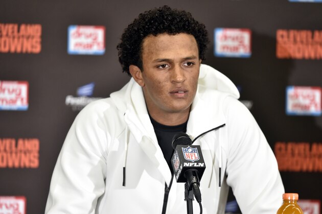 Cleveland Browns quarterback DeShone Kizer answers questions after an NFL football game against the Tennessee Titans, Sunday, Oct. 22, 2017, in Cleveland. (AP Photo/David Richard)