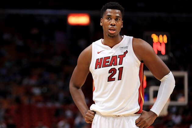 MIAMI, FL - OCTOBER 09:  Hassan Whiteside #21 of the Miami Heat looks on during a preseason game against the Charlotte Hornets at American Airlines Arena on October 9, 2017 in Miami, Florida. NOTE TO USER: User expressly acknowledges and agrees that, by downloading and or using this photograph, User is consenting to the terms and conditions of the Getty Images License Agreement.  (Photo by Mike Ehrmann/Getty Images)