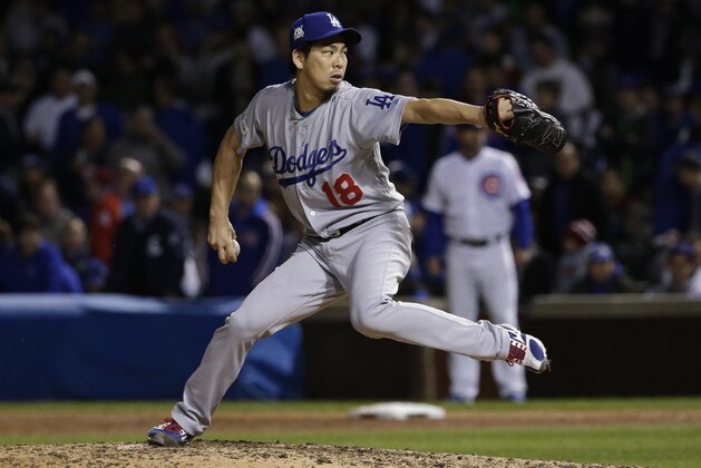 Los Angeles Dodgers' Kenta Maeda throws during the seventh inning of Game 5 of baseball's National League Championship Series against the Chicago Cubs, Thursday, Oct. 19, 2017, in Chicago. (AP Photo/Nam Y. Huh)