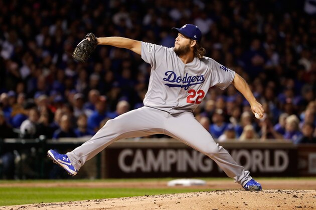 CHICAGO, IL - OCTOBER 19:  Clayton Kershaw #22 of the Los Angeles Dodgers pitches in the second inning against the Chicago Cubs during game five of the National League Championship Series at Wrigley Field on October 19, 2017 in Chicago, Illinois.  (Photo by Jamie Squire/Getty Images)