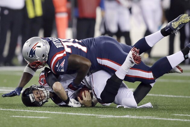 New England Patriots defensive tackle Adam Butler, right, sacks Atlanta Falcons quarterback Matt Ryan during the first half of an NFL football game, Sunday, Oct. 22, 2017, in Foxborough, Mass. (AP Photo/Charles Krupa)