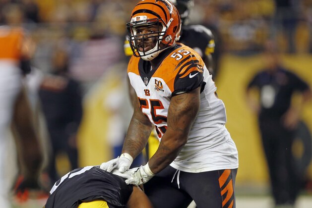 Cincinnati Bengals outside linebacker Vontaze Burfict (55) shoves Pittsburgh Steelers tight end Xavier Grimble (85) to the ground as he attempts to get up after catching a pass during the second half of an NFL football game in Pittsburgh, Sunday, Oct. 22, 2017. The Steelers won 29-14. (AP Photo/Keith Srakocic)