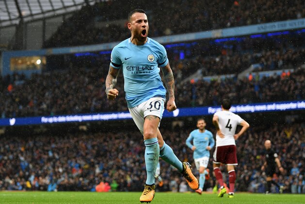 MANCHESTER, ENGLAND - OCTOBER 21:  Nicolas Otamendi of Manchester City celebrates as he scores the 2nd Manchester City goal with a header during the Premier League match between Manchester City and Burnley at Etihad Stadium on October 21, 2017 in Manchester, England.  (Photo by Shaun Botterill/Getty Images)