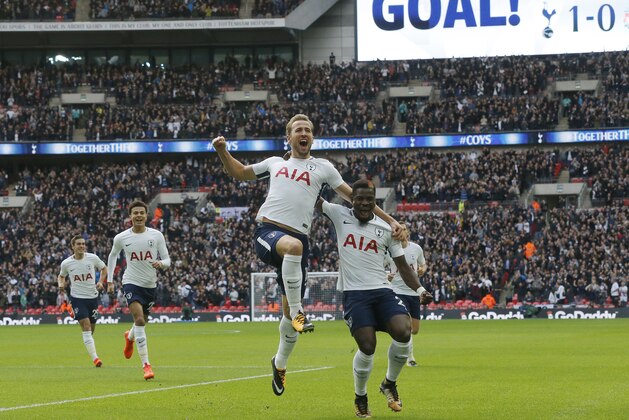 Tottenham's Harry Kane, center, celebrates after scoring his side's first goal during the English Premier League soccer match between Tottenham Hotspur and Liverpool at Wembley Stadium in London, Sunday, Oct. 22, 2017. (AP Photo/Frank Augstein) Tottenham's Harry Kane, center, celebrates after scoring his side's first goal during the English Premier League soccer match between Tottenham Hotspur and Liverpool at Wembley Stadium in London, Sunday, Oct. 22, 2017. (AP Photo/Frank Augstein)