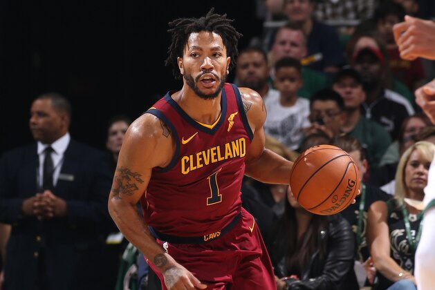 Milwaukee, WI - OCTOBER 20: Derrick Rose #1 of the Cleveland Cavaliers handles the ball against the Milwaukee Bucks on October 20, 2017 at the BMO Harris Bradley Center in Milwaukee, Wisconsin. NOTE TO USER: User expressly acknowledges and agrees that, by downloading and or using this Photograph, user is consenting to the terms and conditions of the Getty Images License Agreement. Mandatory Copyright Notice: Copyright 2017 NBAE (Photo by Gary Dineen/NBAE via Getty Images)