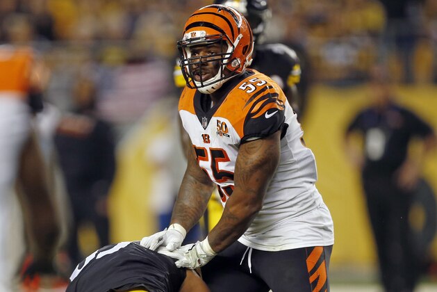 Cincinnati Bengals outside linebacker Vontaze Burfict (55) shoves Pittsburgh Steelers tight end Xavier Grimble (85) to the ground as he attempts to get up after catching a pass during the second half of an NFL football game in Pittsburgh, Sunday, Oct. 22, 2017. The Steelers won 29-14. (AP Photo/Keith Srakocic) Cincinnati Bengals outside linebacker Vontaze Burfict (55) shoves Pittsburgh Steelers tight end Xavier Grimble (85) to the ground as he attempts to get up after catching a pass during the second half of an NFL football game in Pittsburgh, Sunday, Oct. 22, 2017. The Steelers won 29-14. (AP Photo/Keith Srakocic)