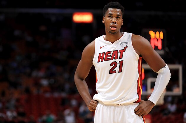 MIAMI, FL - OCTOBER 09:  Hassan Whiteside #21 of the Miami Heat looks on during a preseason game against the Charlotte Hornets at American Airlines Arena on October 9, 2017 in Miami, Florida. NOTE TO USER: User expressly acknowledges and agrees that, by downloading and or using this photograph, User is consenting to the terms and conditions of the Getty Images License Agreement.  (Photo by Mike Ehrmann/Getty Images)