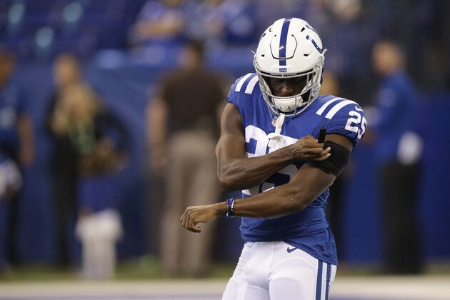 Indianapolis Colts running back Marlon Mack (25) before an NFL football game against the Jacksonville Jaguars in Indianapolis, Sunday, Oct. 22, 2017. (AP Photo/AJ Mast)