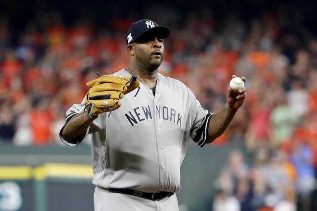 HOUSTON, TX - OCTOBER 21:  CC Sabathia #52 of the New York Yankees reacts against the Houston Astros in Game Seven of the American League Championship Series at Minute Maid Park on October 21, 2017 in Houston, Texas.  (Photo by Elsa/Getty Images)