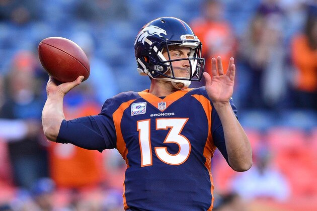 DENVER, CO - OCTOBER 15:  Quarterback Trevor Siemian #13 of the Denver Broncos throws during player warm ups before a game against the New York Giants at Sports Authority Field at Mile High on October 15, 2017 in Denver, Colorado. (Photo by Dustin Bradford/Getty Images)
