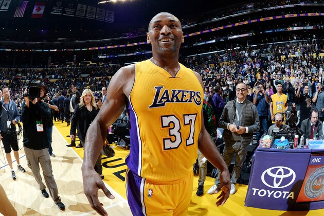 LOS ANGELES, CA - APRIL 11: Metta World Peace #37 of the Los Angeles Lakers looks on after the game against the New Orleans Pelicans on April 11, 2017 at STAPLES Center in Los Angeles, California. NOTE TO USER: User expressly acknowledges and agrees that, by downloading and/or using this Photograph, user is consenting to the terms and conditions of the Getty Images License Agreement. Mandatory Copyright Notice: Copyright 2017 NBAE (Photo by Andrew D. Bernstein/NBAE via Getty Images)