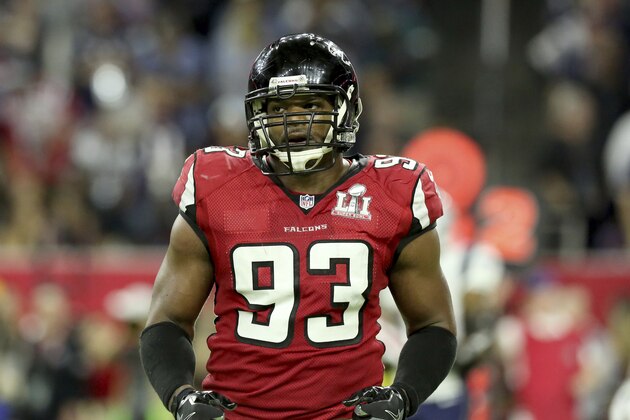 Atlanta Falcons Dwight Freeney #93 is seen against the New England Patriots at Super Bowl 51 on Sunday, February 5, 2017 in Houston, TX. (AP Photo/Gregory Payan)
