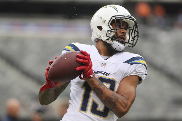 Los Angeles Chargers wide receiver Keenan Allen (13) catches a pass in warmups for their game against the New York Giants Sunday, Oct. 8, 2017, in East Rutherford, NJ. The Chargers won 27-22. (Ed Mulholland/AP Images for Panini)