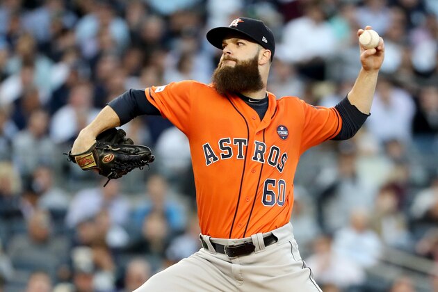 NEW YORK, NY - OCTOBER 18: Dallas Keuchel #60 of the Houston Astros pitches during the second inning against the New York Yankees in Game Five of the American League Championship Series at Yankee Stadium on October 18, 2017 in the Bronx borough of New York City. (Photo by Elsa/Getty Images) NEW YORK, NY - OCTOBER 18: Dallas Keuchel #60 of the Houston Astros pitches during the second inning against the New York Yankees in Game Five of the American League Championship Series at Yankee Stadium on October 18, 2017 in the Bronx borough of New York City. (Photo by Elsa/Getty Images)