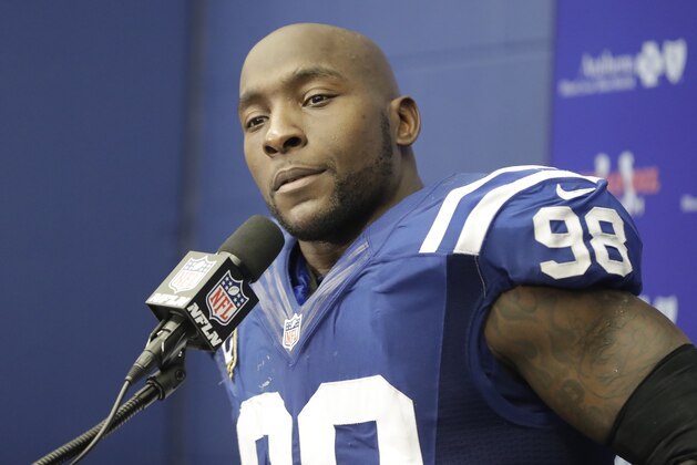 Indianapolis Colts linebacker Robert Mathis speaks during a news conference following an NFL football game against the Jacksonville Jaguars in Indianapolis, Sunday, Jan. 1, 2017. The Colts defeated the Jaguars 24-20. (AP Photo/Darron Cummings)