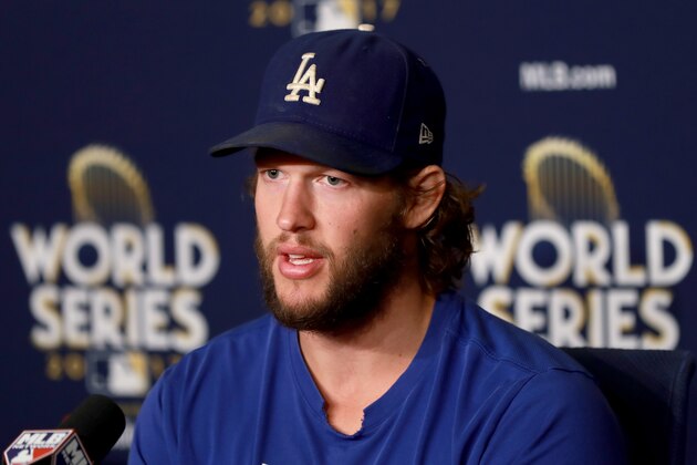 LOS ANGELES, CA - OCTOBER 23:  Clayton Kershaw #22 of the Los Angeles Dodgers answers questions from the media ahead of the World Series at Dodger Stadium on October 23, 2017 in Los Angeles, California. The Dodgers will take on the Houston Astros in the World Series as Kershaw is slated to start game one.  (Photo by Justin Heiman/Getty Images)