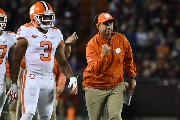BLACKSBURG, VA - SEPTEMBER 30:  Head coach Dabo Swinney of the Clemson Tigers celebrates on the sideline after a touchdown against the Virginia Tech Hokies at Lane Stadium on September 30, 2017 in Blacksburg, Virginia.  (Photo by Michael Shroyer/Getty Images)