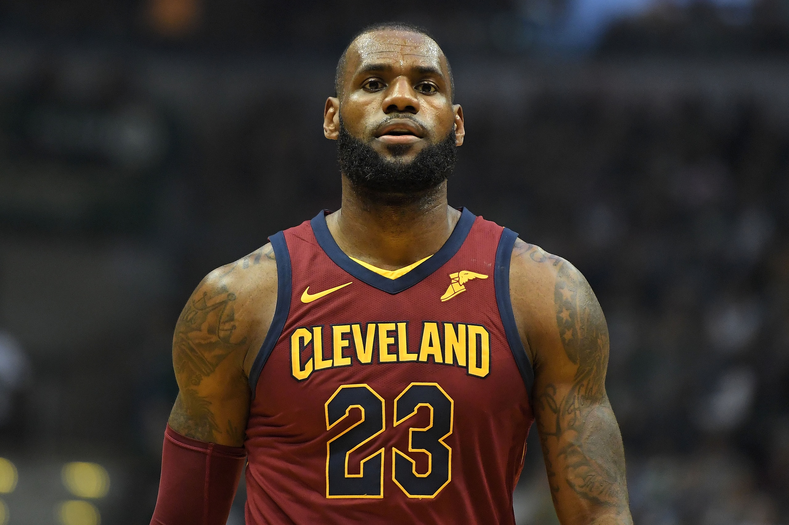 MILWAUKEE, WI - OCTOBER 20:  LeBron James #23 of the Cleveland Cavaliers walks backcourt during a game against the Milwaukee Bucks at the Bradley Center on October 20, 2017 in Milwaukee, Wisconsin.  NOTE TO USER: User expressly acknowledges and agrees that, by downloading and or using this photograph, User is consenting to the terms and conditions of the Getty Images License Agreement. (Photo by Stacy Revere/Getty Images)