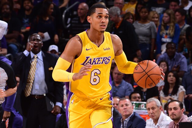 PHOENIX, AZ - OCTOBER 20: Jordan Clarkson #6 of the Los Angeles Lakers handles the ball against the Phoenix Suns on October 20, 2017 at Talking Stick Resort Arena in Phoenix, Arizona. NOTE TO USER: User expressly acknowledges and agrees that, by downloading and or using this photograph, user is consenting to the terms and conditions of the Getty Images License Agreement. Mandatory Copyright Notice: Copyright 2017 NBAE (Photo by Michael Gonzales/NBAE via Getty Images)