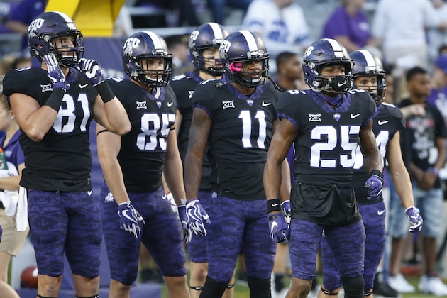 TCU wide receiver KaVontae Turpin (25) warms up before playing Kansas in an NCAA college football game Saturday, Oct. 21, 2017, in Fort Worth, Texas. (AP Photo/Ron Jenkins)