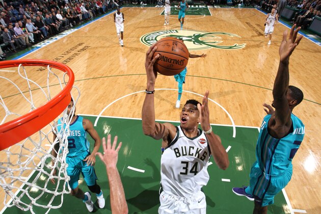 MILWAUKEE, WI - OCTOBER 23:  Giannis Antetokounmpo #34 of the Milwaukee Bucks shoots the ball against the Charlotte Hornets on October 23, 2017 at the BMO Harris Bradley Center in Milwaukee, Wisconsin. NOTE TO USER: User expressly acknowledges and agrees that, by downloading and or using this Photograph, user is consenting to the terms and conditions of the Getty Images License Agreement. Mandatory Copyright Notice: Copyright 2017 NBAE (Photo by Gary Dineen/NBAE via Getty Images)