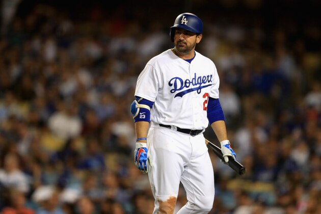 LOS ANGELES, CA - SEPTEMBER 26:  Adrian Gonzalez #23 of the Los Angeles Dodgers looks on after striking out during the fourth inning of a game against the San Diego Padres at Dodger Stadium on September 26, 2017 in Los Angeles, California.  (Photo by Sean M. Haffey/Getty Images)