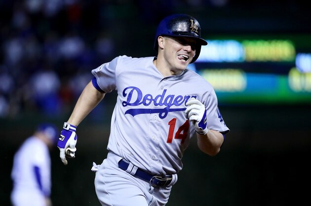 CHICAGO, IL - OCTOBER 19:  Enrique Hernandez #14 of the Los Angeles Dodgers rounds the bases after hitting a home run in the ninth inning against the Chicago Cubs during game five of the National League Championship Series at Wrigley Field on October 19, 2017 in Chicago, Illinois.  (Photo by Jonathan Daniel/Getty Images)
