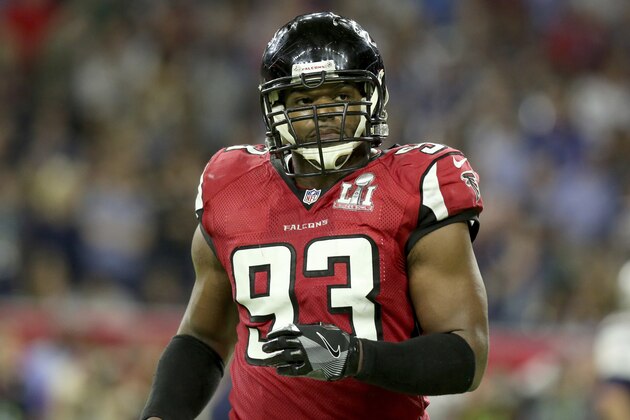 Atlanta Falcons Dwight Freeney #93 is seen against the New England Patriots at Super Bowl 51 on Sunday, February 5, 2017 in Houston, TX. (AP Photo/Gregory Payan) Atlanta Falcons Dwight Freeney #93 is seen against the New England Patriots at Super Bowl 51 on Sunday, February 5, 2017 in Houston, TX. (AP Photo/Gregory Payan)