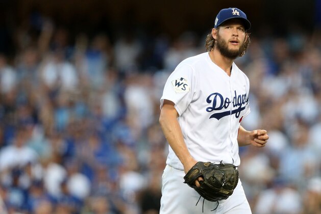 LOS ANGELES, CA - OCTOBER 24:  Clayton Kershaw #22 of the Los Angeles Dodgers reacts during the third inning against the Houston Astros in game one of the 2017 World Series at Dodger Stadium on October 24, 2017 in Los Angeles, California.  (Photo by Sean M. Haffey/Getty Images)