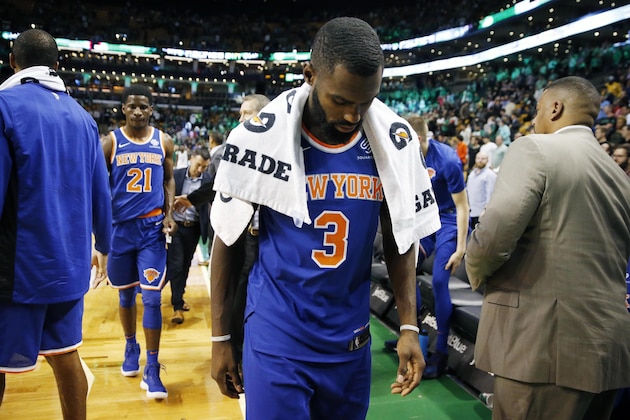 New York Knicks' Tim Hardaway Jr. (3) walks off the court after the Knicks lost 110-89 to the Boston Celtics during an NBA basketball game in Boston, Tuesday, Oct. 24, 2017. (AP Photo/Michael Dwyer)
