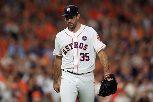 HOUSTON, TX - OCTOBER 20:  Justin Verlander #35 of the Houston Astros looks on against the New York Yankees in Game Six of the American League Championship Series at Minute Maid Park on October 20, 2017 in Houston, Texas.  (Photo by Ronald Martinez/Getty Images)