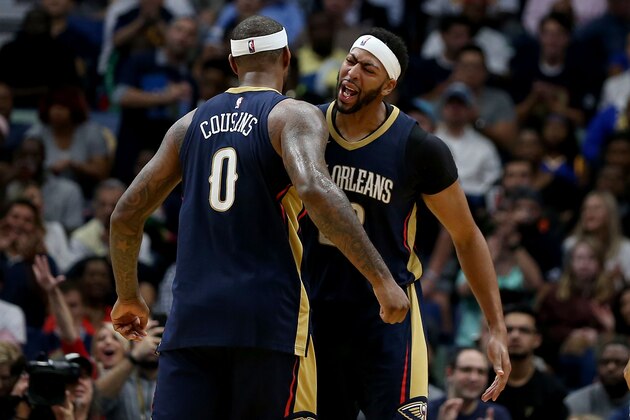 NEW ORLEANS, LA - OCTOBER 20:  DeMarcus Cousins #0 of the New Orleans Pelicans and Anthony Davis #23 of the New Orleans Pelicans react after a play during a game against the Golden State Warriors at Smoothie King Center on October 20, 2017 in New Orleans, Louisiana.  NOTE TO USER: User expressly acknowledges and agrees that, by downloading and or using this photograph, User is consenting to the terms and conditions of the Getty Images License Agreement.  (Photo by Sean Gardner/Getty Images)