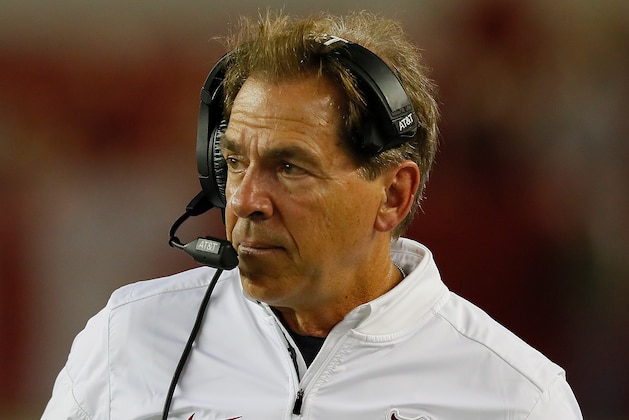 TUSCALOOSA, AL - SEPTEMBER 30:  Head coach Nick Saban of the Alabama Crimson Tide looks on during the game against the Mississippi Rebels at Bryant-Denny Stadium on September 30, 2017 in Tuscaloosa, Alabama.  (Photo by Kevin C. Cox/Getty Images)