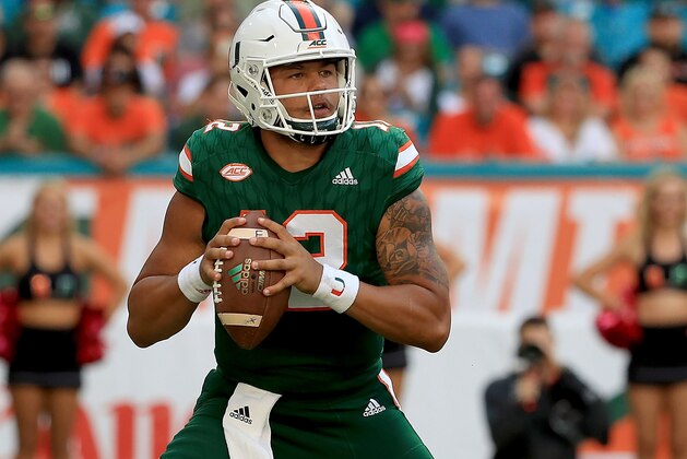 MIAMI GARDENS, FL - OCTOBER 21:  Malik Rosier #12 of the Miami Hurricanes looks to pass during a game against the Syracuse Orange at Sun Life Stadium on October 21, 2017 in Miami Gardens, Florida.  (Photo by Mike Ehrmann/Getty Images)