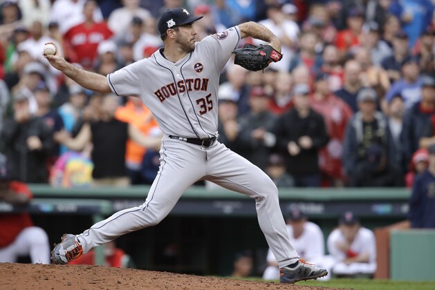 Houston Astros relief pitcher Justin Verlander delivers during the fifth inning in Game 4 of baseball's American League Division Series against the Boston Red Sox, Monday, Oct. 9, 2017, in Boston. (AP Photo/Charles Krupa)