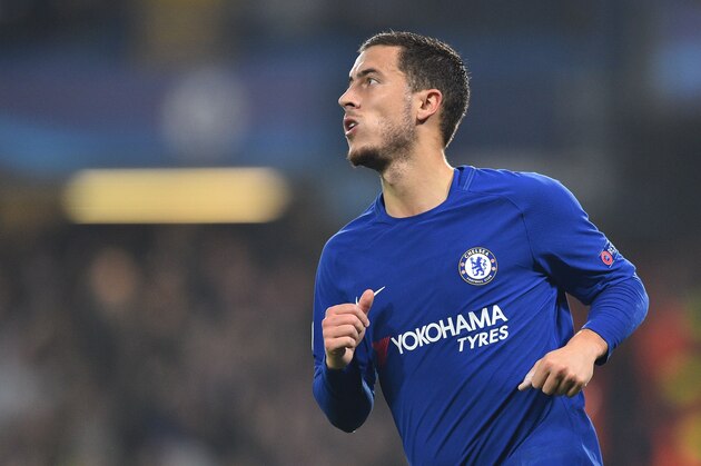 Chelsea's Belgian midfielder Eden Hazard celebrates scoring during a UEFA Champions league group stage football match between Chelsea and Roma at Stamford Bridge in London on October 18, 2017. / AFP PHOTO / Glyn KIRK        (Photo credit should read GLYN KIRK/AFP/Getty Images)