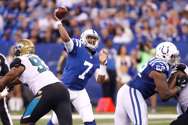 INDIANAPOLIS, IN - OCTOBER 22: Jacoby Brissett #7 of the Indianapolis Colts throws a pass against the Jacksonville Jaguars during the third quarter at Lucas Oil Stadium on October 22, 2017 in Indianapolis, Indiana. (Photo by Joe Robbins/Getty Images) INDIANAPOLIS, IN - OCTOBER 22: Jacoby Brissett #7 of the Indianapolis Colts throws a pass against the Jacksonville Jaguars during the third quarter at Lucas Oil Stadium on October 22, 2017 in Indianapolis, Indiana. (Photo by Joe Robbins/Getty Images)