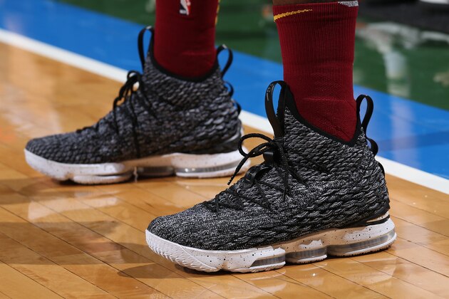 Milwaukee, WI - OCTOBER 20: The sneakers of LeBron James #23 of the Cleveland Cavaliers are seen during the game against the Milwaukee Bucks on October 20, 2017 at the BMO Harris Bradley Center in Milwaukee, Wisconsin. NOTE TO USER: User expressly acknowledges and agrees that, by downloading and or using this Photograph, user is consenting to the terms and conditions of the Getty Images License Agreement. Mandatory Copyright Notice: Copyright 2017 NBAE (Photo by Gary Dineen/NBAE via Getty Images)