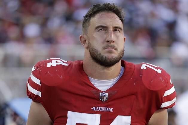 San Francisco 49ers offensive tackle Joe Staley (74) stands on the sideline against the Dallas Cowboys during the second half of an NFL football game in Santa Clara, Calif., Sunday, Oct. 22, 2017. (AP Photo/Marcio Jose Sanchez)