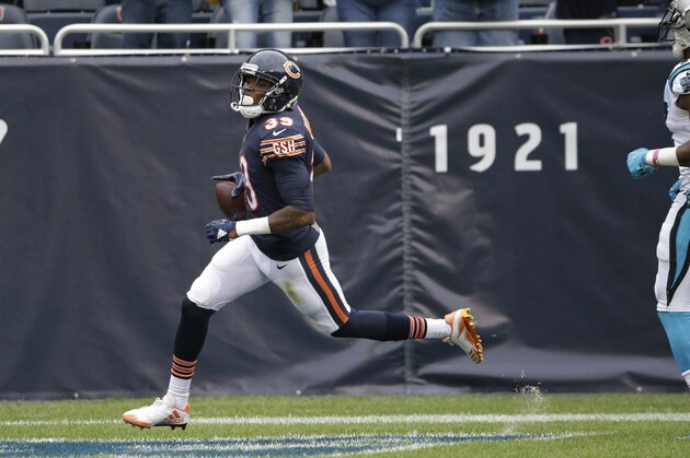 Chicago Bears safety Eddie Jackson (39) returns an interception thrown by Carolina Panthers quarterback Cam Newton for a 76-yard touchdown during the first half of an NFL football game, Sunday, Oct. 22, 2017, in Chicago. (AP Photo/Nam Y. Huh)
