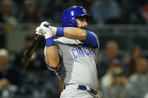 PITTSBURGH, PA - SEPTEMBER 06:  Alex Avila #13 of the Chicago Cubs hits a RBI triple in the ninth inning against the Pittsburgh Pirates at PNC Park on September 6, 2017 in Pittsburgh, Pennsylvania.  (Photo by Justin K. Aller/Getty Images)