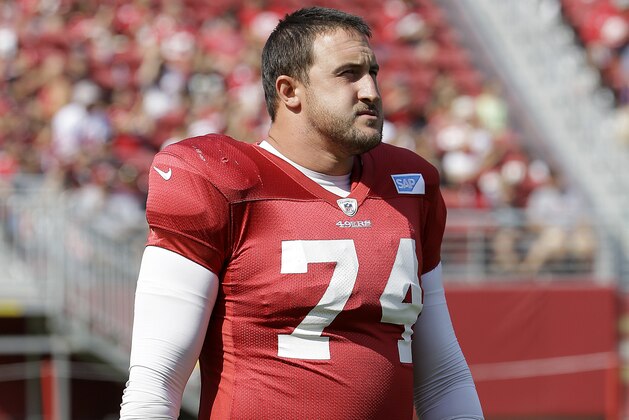 San Francisco 49ers' Joe Staley during an NFL football training camp in Santa Clara, Calif., Saturday, Aug. 5, 2017. (AP Photo/Jeff Chiu)