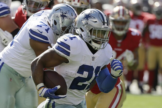 Dallas Cowboys running back Ezekiel Elliott (21) runs against the San Francisco 49ers during the first half of an NFL football game in Santa Clara, Calif., Sunday, Oct. 22, 2017. (AP Photo/Eric Risberg)