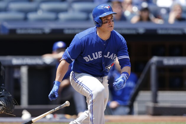 Toronto Blue Jays Miguel Montero bats during a baseball game against the New York Yankees in New York, Wednesday, July 5, 2017. (AP Photo/Kathy Willens)