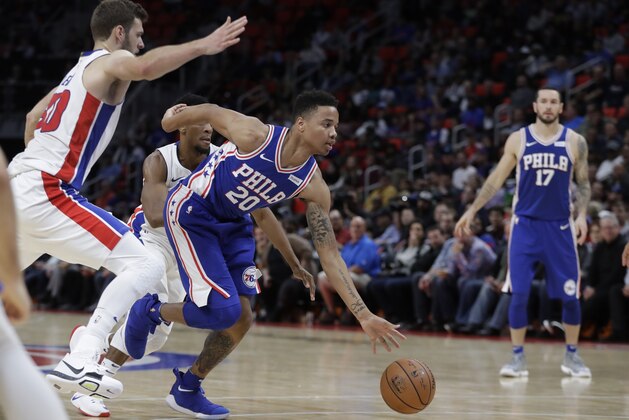 Philadelphia 76ers guard Markelle Fultz (20) drives to the basket during the second half of an NBA basketball game against the Detroit Pistons, Monday, Oct. 23,2017, in Detroit. (AP Photo/Carlos Osorio)