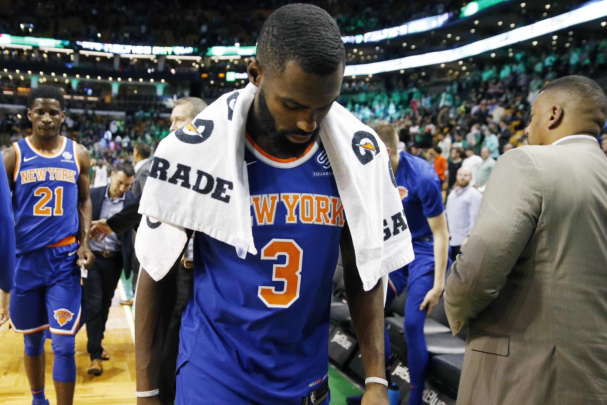 New York Knicks' Tim Hardaway Jr. (3) walks off the court after the Knicks lost 110-89 to the Boston Celtics during an NBA basketball game in Boston, Tuesday, Oct. 24, 2017. (AP Photo/Michael Dwyer)