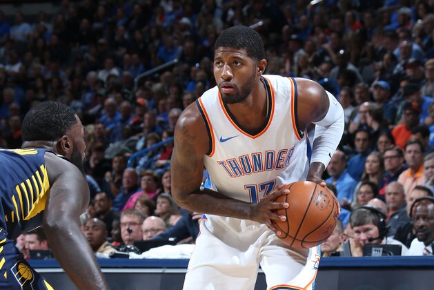 OKLAHOMA CITY, OK - OCTOBER 25:  Paul George #13 of the Oklahoma City Thunder handles the ball against the Indiana Pacers on October 25, 2017 at Chesapeake Energy Arena in Oklahoma City, Oklahoma. NOTE TO USER: User expressly acknowledges and agrees that, by downloading and or using this photograph, User is consenting to the terms and conditions of the Getty Images License Agreement. Mandatory Copyright Notice: Copyright 2017 NBAE (Photo by Layne Murdoch/NBAE via Getty Images)